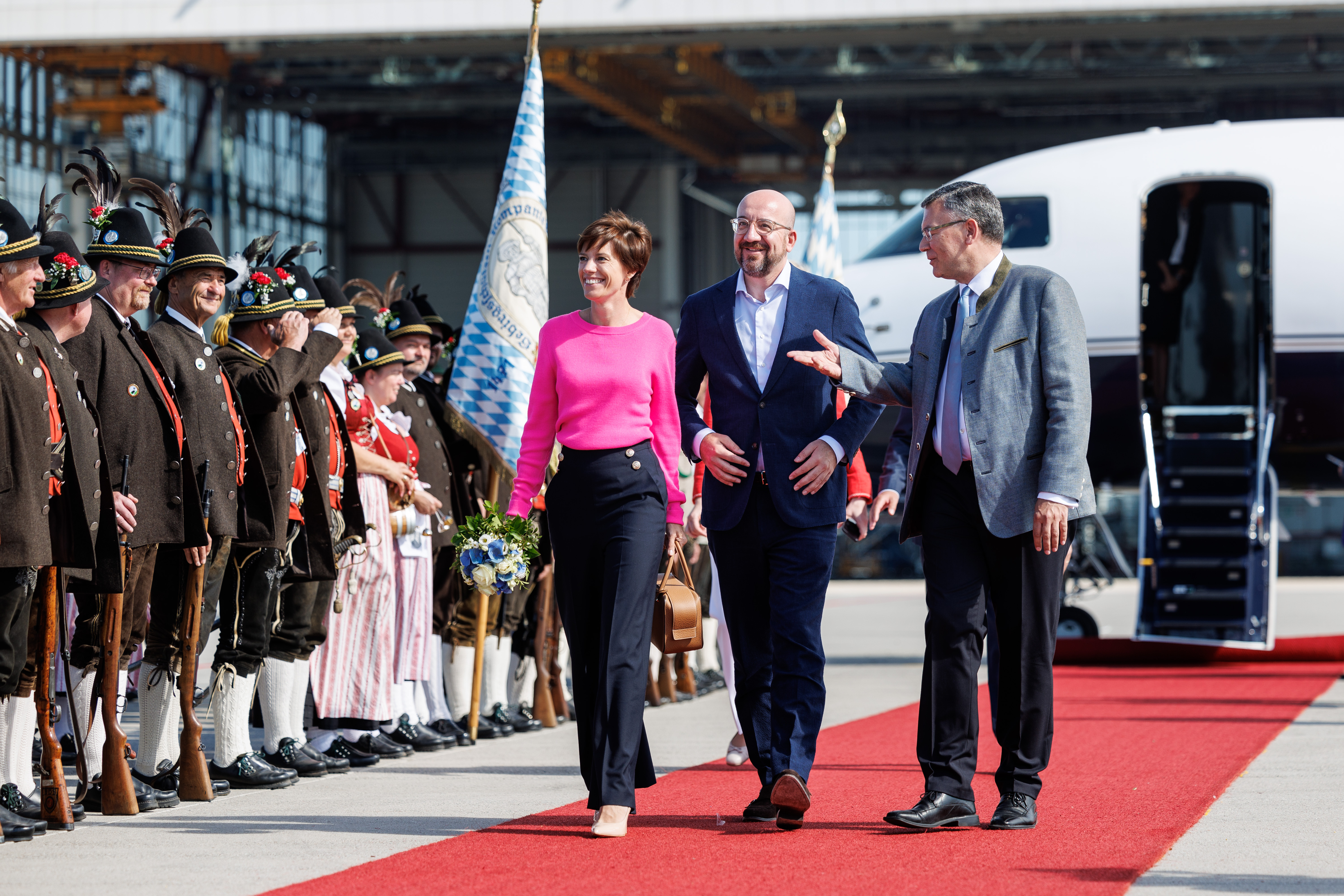 Arrival of Charles Michel (President of the European Council) and his wife Amélie Derbaudrenghien at Munich Airport and welcome by Florian Herrmann, Head of the Bavarian State Chancellery.