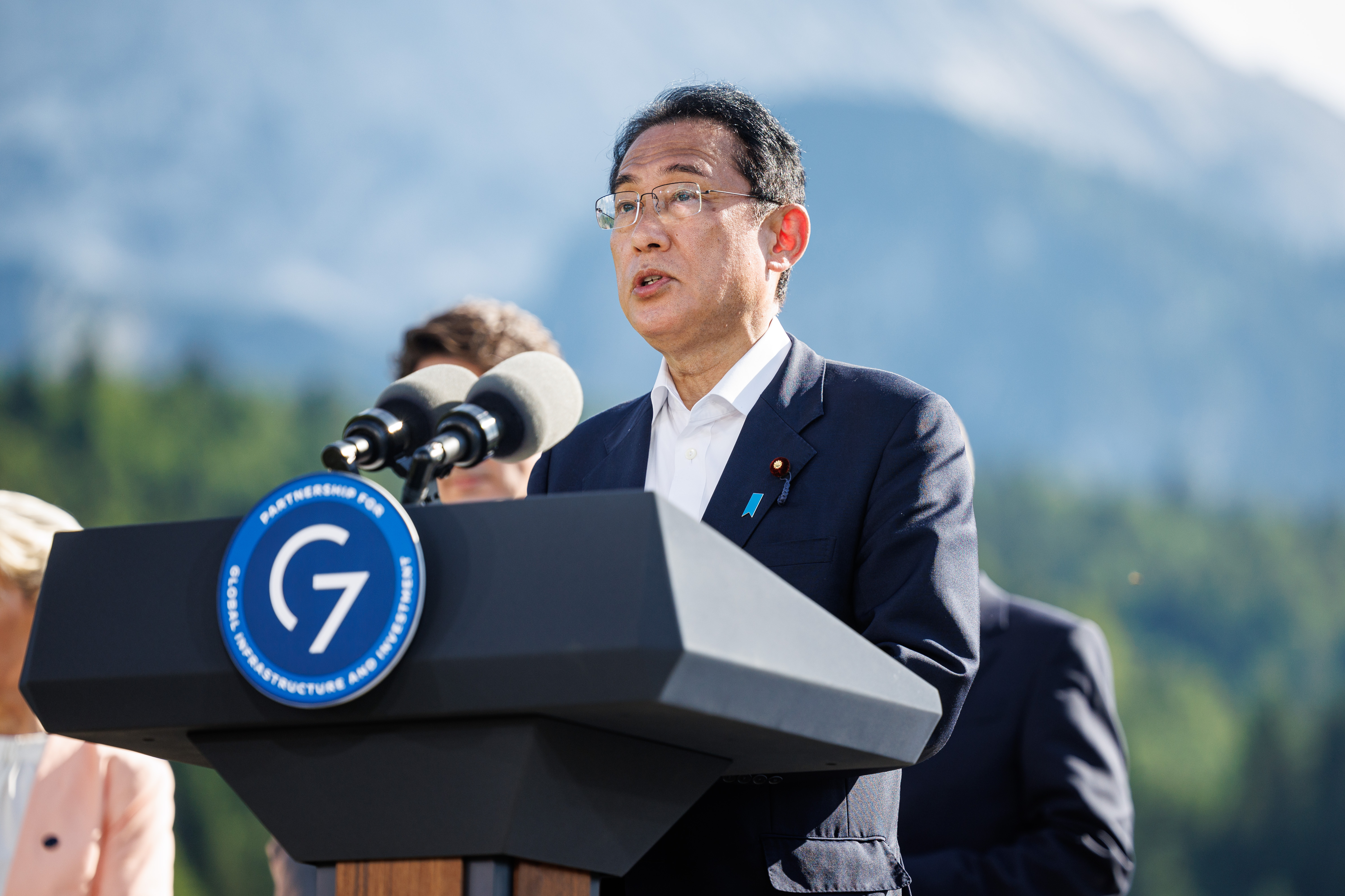 Japanese Prime Minister Fumio Kishida gives a statement to the press on partnership for global infrastructure and investment.