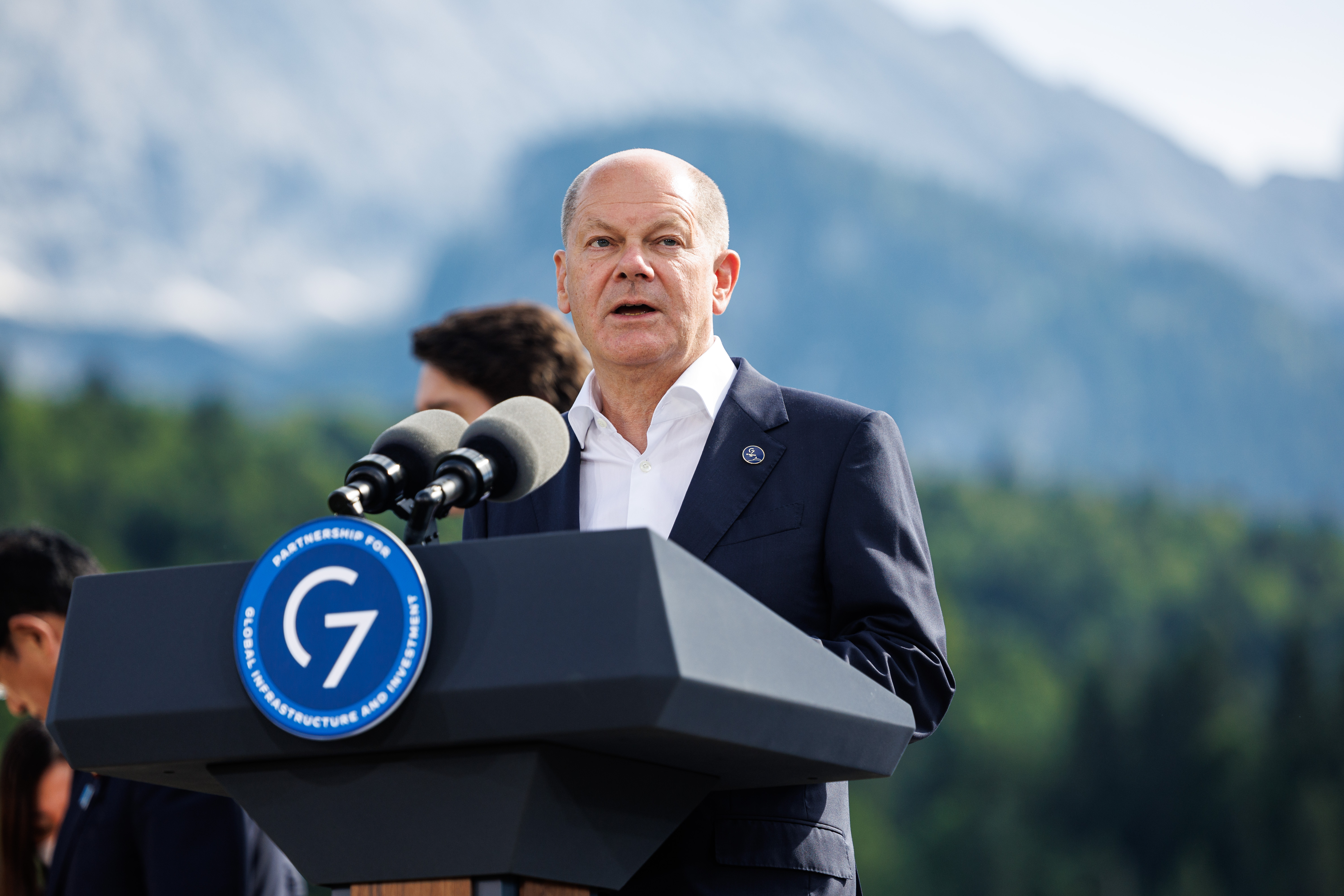 Federal Chancellor Olaf Scholz gives a statement to the press on partnership for global infrastructure and investment.