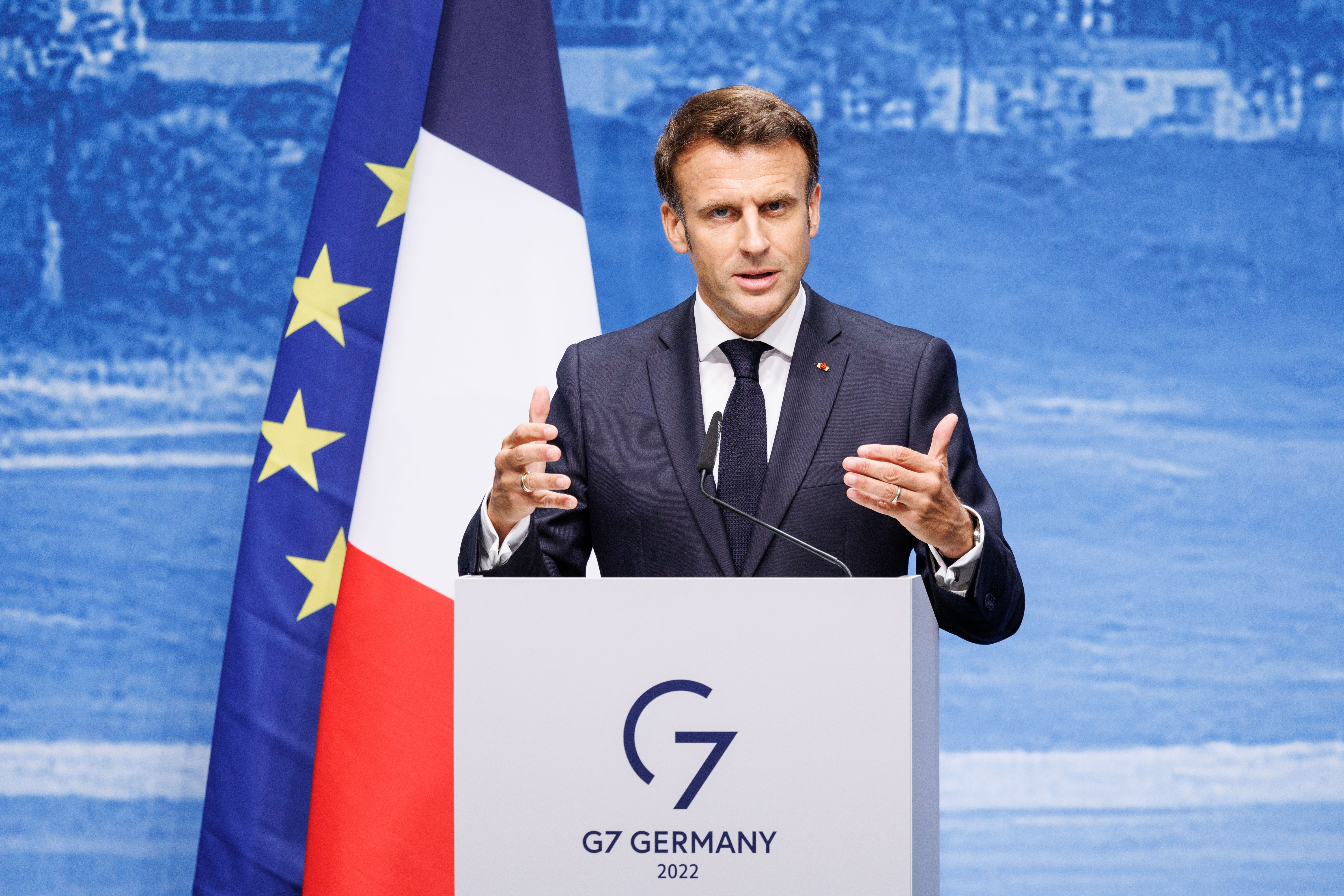 French President Emmanuel Macron gives a press conference at the end of the G7 summit.