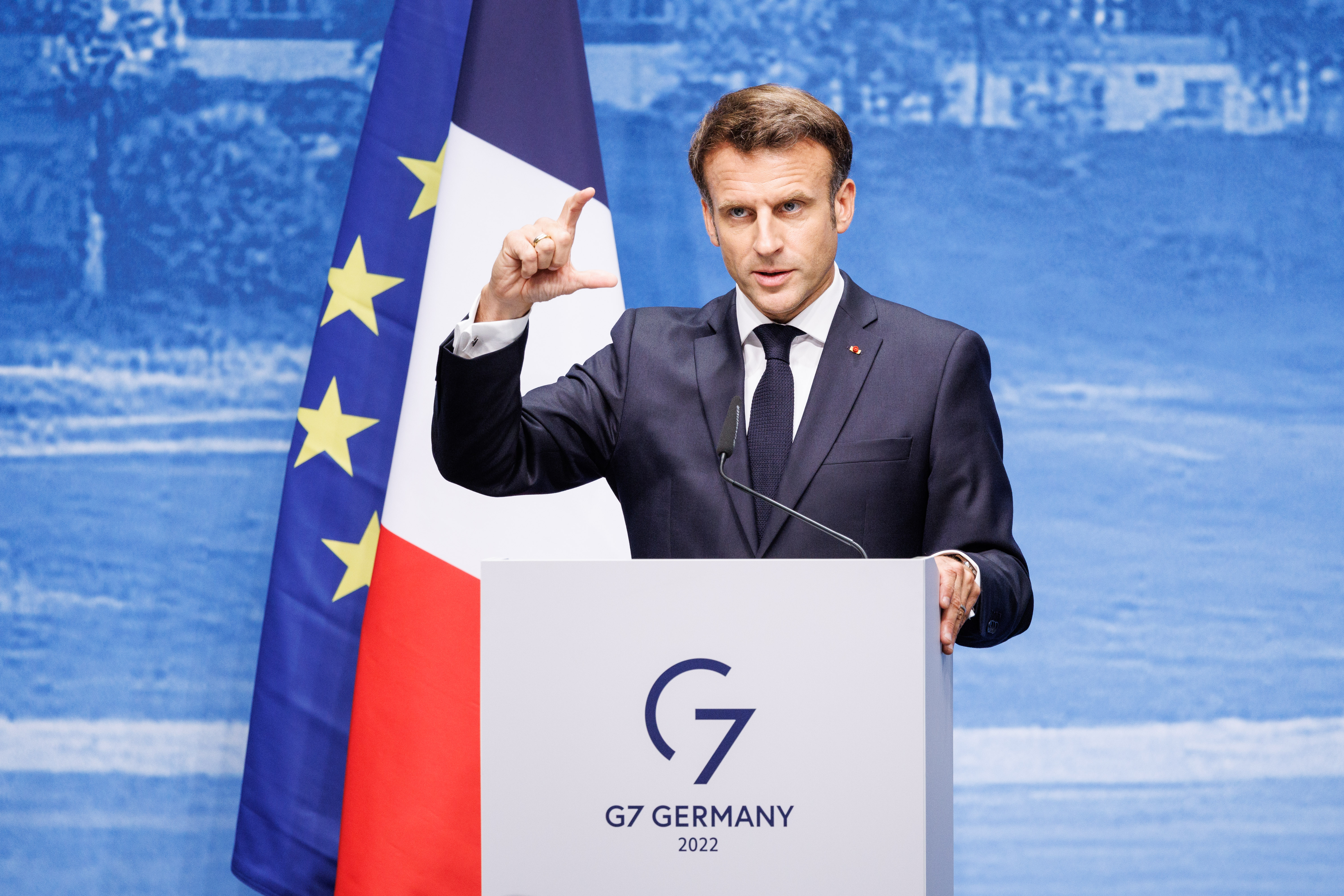 French President Emmanuel Macron gives a press conference at the end of the G7 summit.