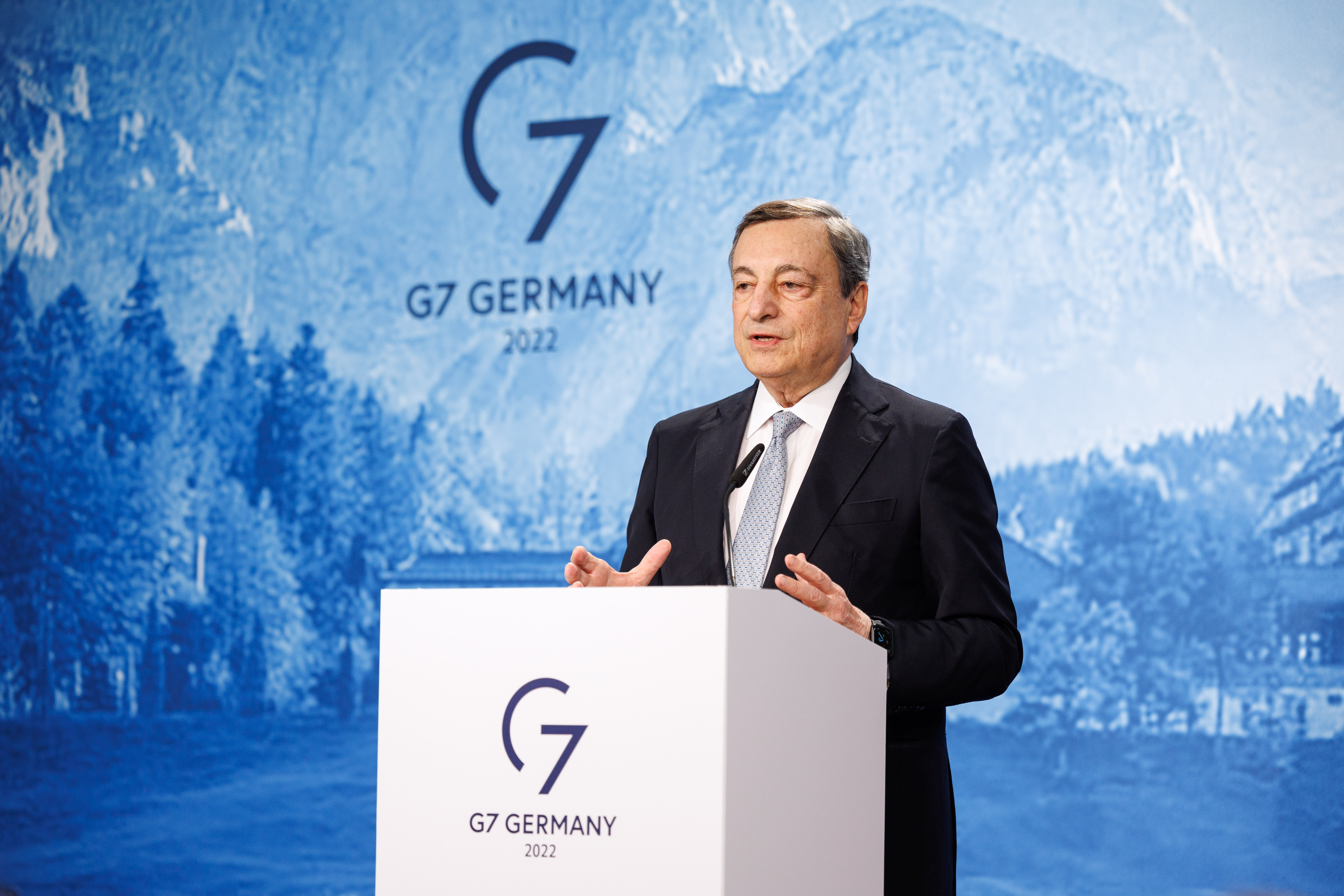 Italian Prime Minister Mario Draghi gives a press conference at the end of the G7 summit.