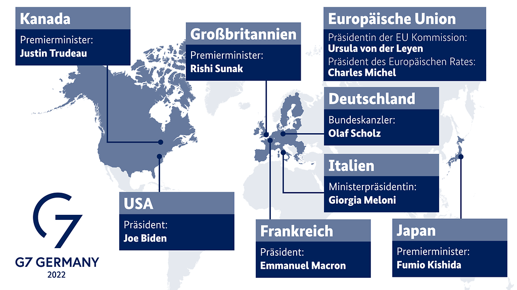 Grafik zeigt die Teilnehmerländer im Überblick: Kanada, Großbritannien, USA, Frankreich, Italien, Deutschland und Japan. Auch die Europäische Union ist beim G7-Gipfel vertreten. 