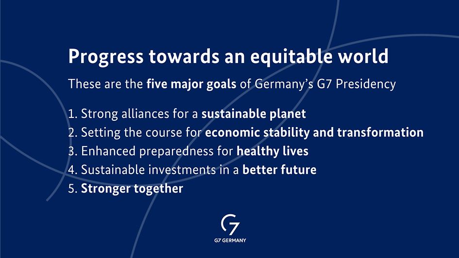 Grafik mit dem G7-Logo und dem Text: Schwerpunkte der deutschen G7-Präsidentschaft - Nachhaltiger Planet, Wirtschaftliche Stabilität, Gesundes Leben, Investitionen in eine bessere Zukunft, Starkes Miteinander