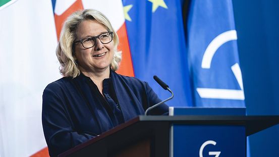 Federal Minister for Development Svenja Schulze speaks at a press conference in the context of the meeting of G7 development ministers.
