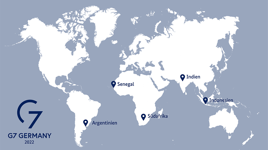 Auf einer Weltkarte sind die Länder Argentinien, Senegal, Südafrika, Indien und Indonesien markiert. Dazu ist das Logo G7 Germany 2022 zu sehen.