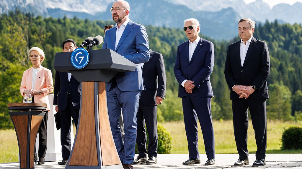 Charles Michel, President of the European Council, gives a statement to the press on partnership for global infrastructure and investment.