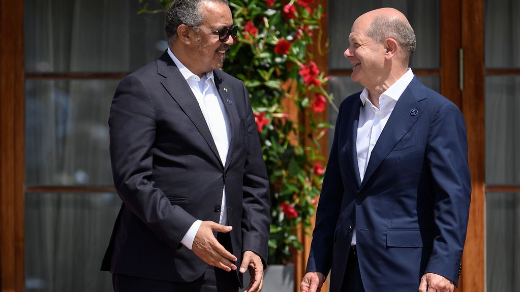 Federal Chancellor Olaf Scholz welcomes Tedros Adhanom Ghebreyesus, Director-General of the World Health Organization (WHO), to Schloss Elmau.