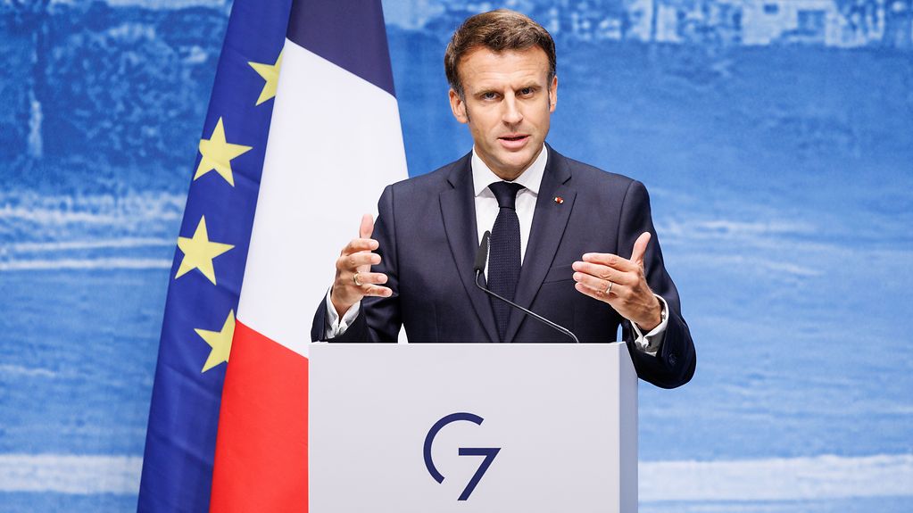 Emmanuel Macron (Präsident Frankreich) gibt eine Pressekonferenz zum Abschluss des G7-Gipfels.