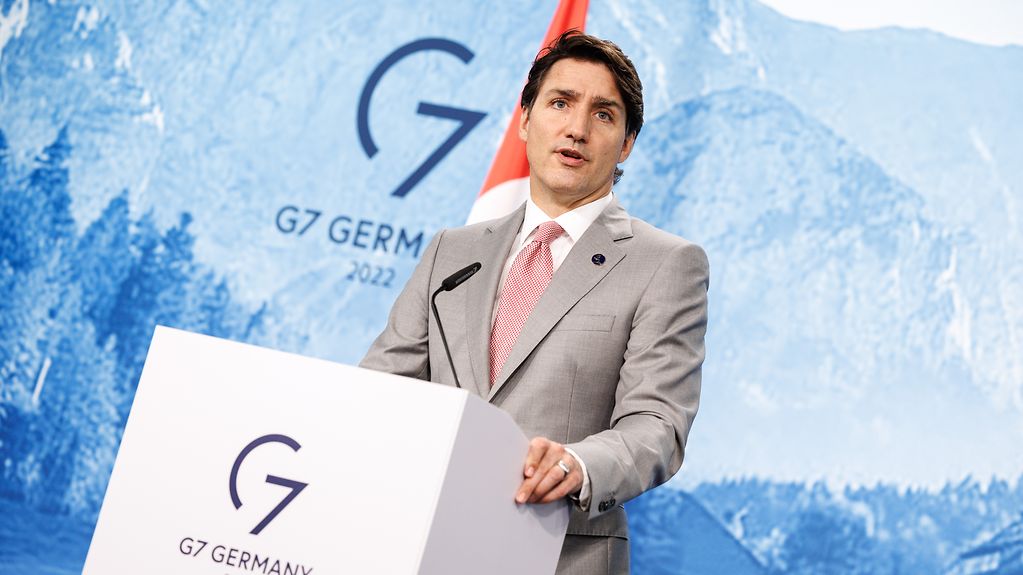 Canadian Prime Minister Justin Trudeau gives a press conference at the end of the G7 summit.
