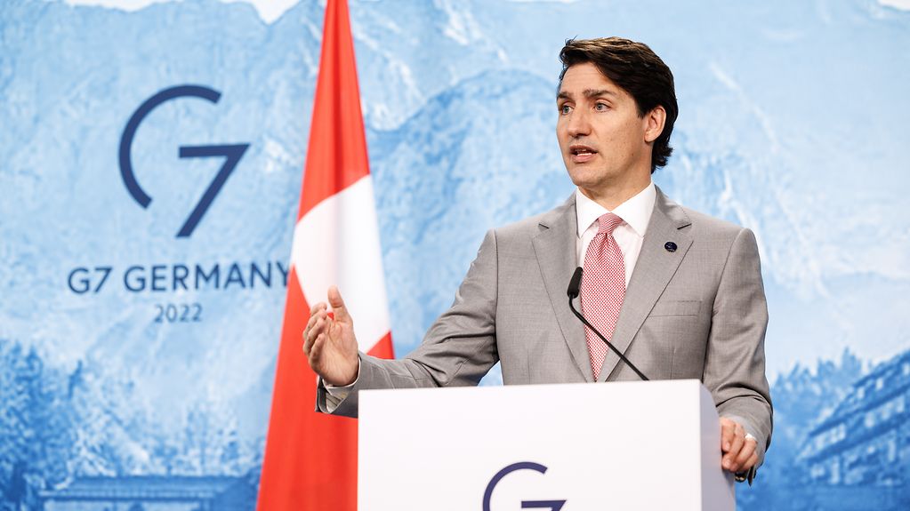 Canadian Prime Minister Justin Trudeau gives a press conference at the end of the G7 summit.
