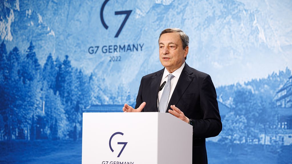 Italian Prime Minister Mario Draghi gives a press conference at the end of the G7 summit.