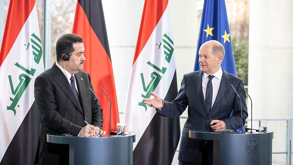 Bundeskanzler Olaf Scholz mit Mohammed Schia al-Sudani, Ministerpräsident des Irak