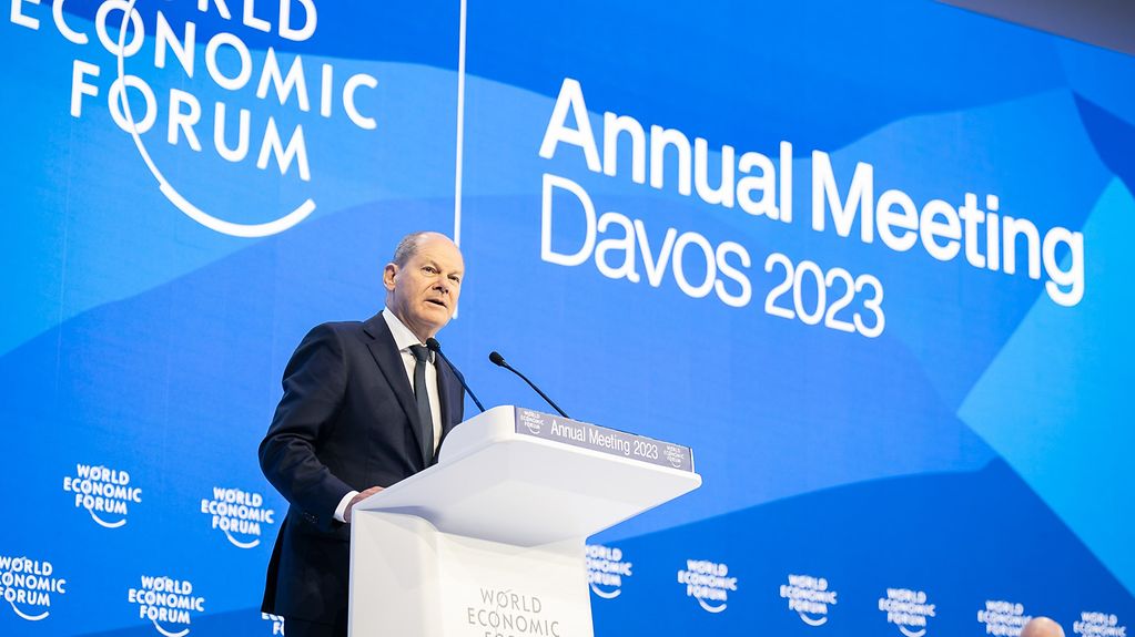 Bundeskanzler Scholz bei seiner Rede auf dem Weltwirtschaftsforum in Davos am 18.1.2023