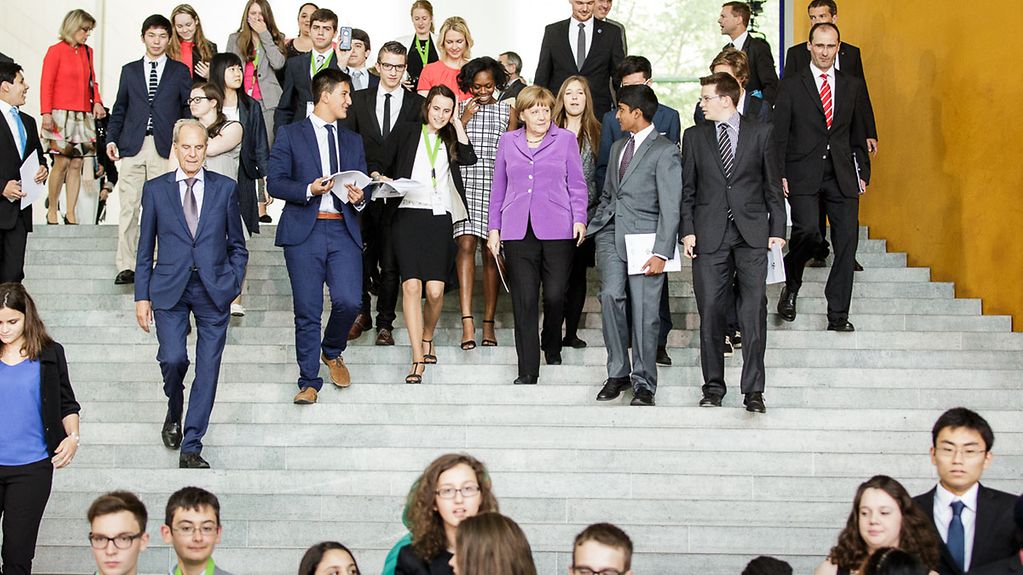 Chancellor Angela Merkel and young people at the Federal Chancellery