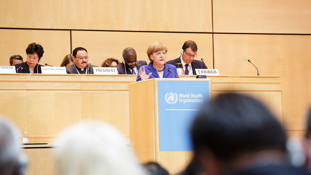 Chancellor Angela Merkel speaks at the opening of the World Health Assembly in Geneva